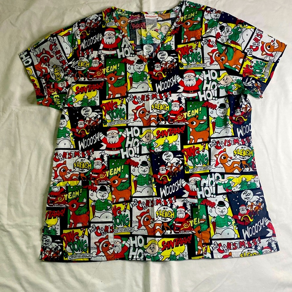 Rudolph scrub shirt, Rudolph the Red-Nosed Reindeer, Christmas scrubs, size L